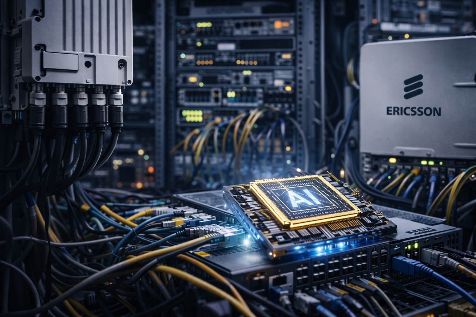 A photorealistic close-up of telecom and networking hardware with advanced semiconductor components and dense cabling, illustrating rising chip costs across AI-linked infrastructure.