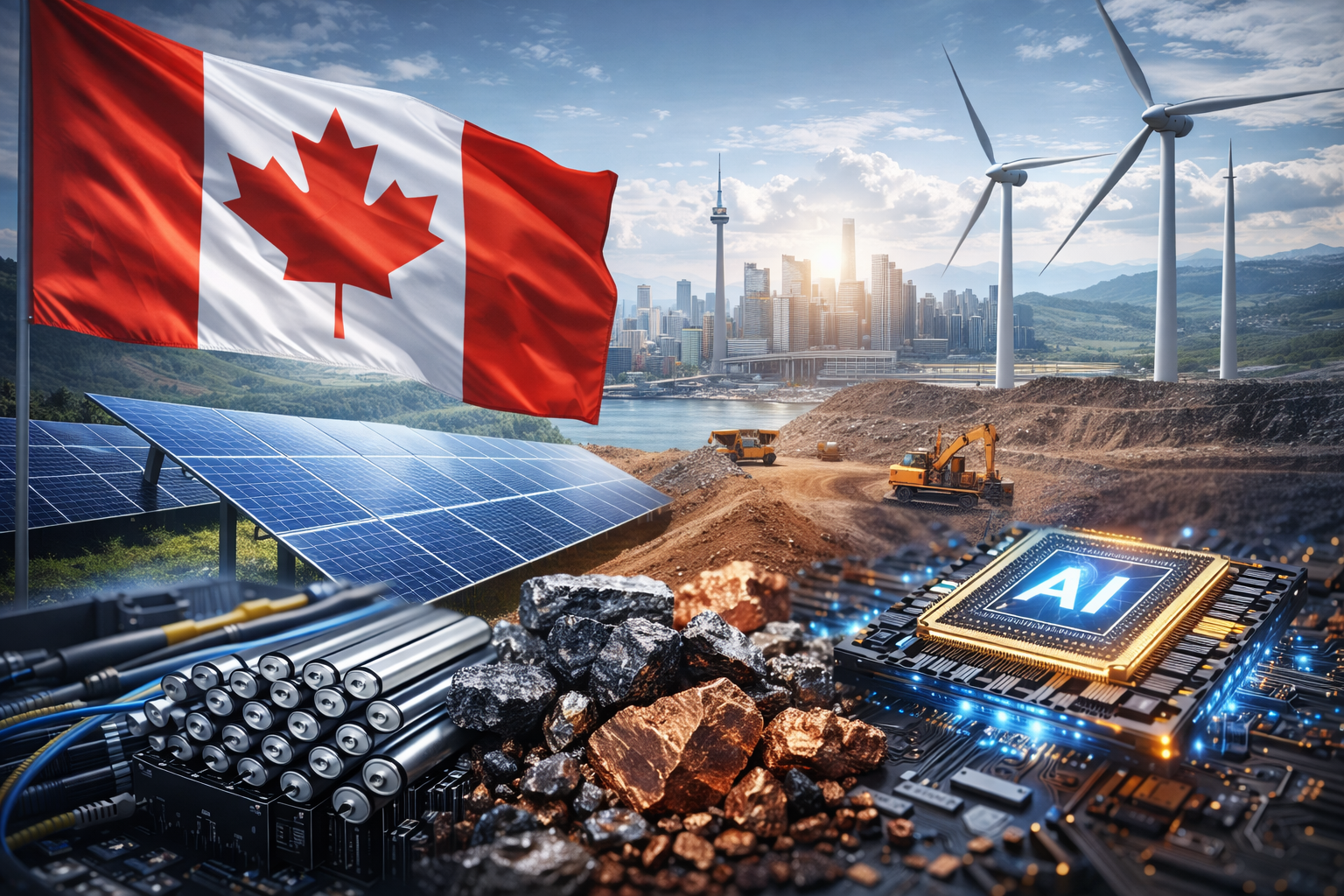 A photorealistic composite scene showing renewable energy infrastructure, mineral extraction, and advanced computing elements against a Canadian urban and natural landscape, symbolizing investment in clean tech, AI, and critical minerals.