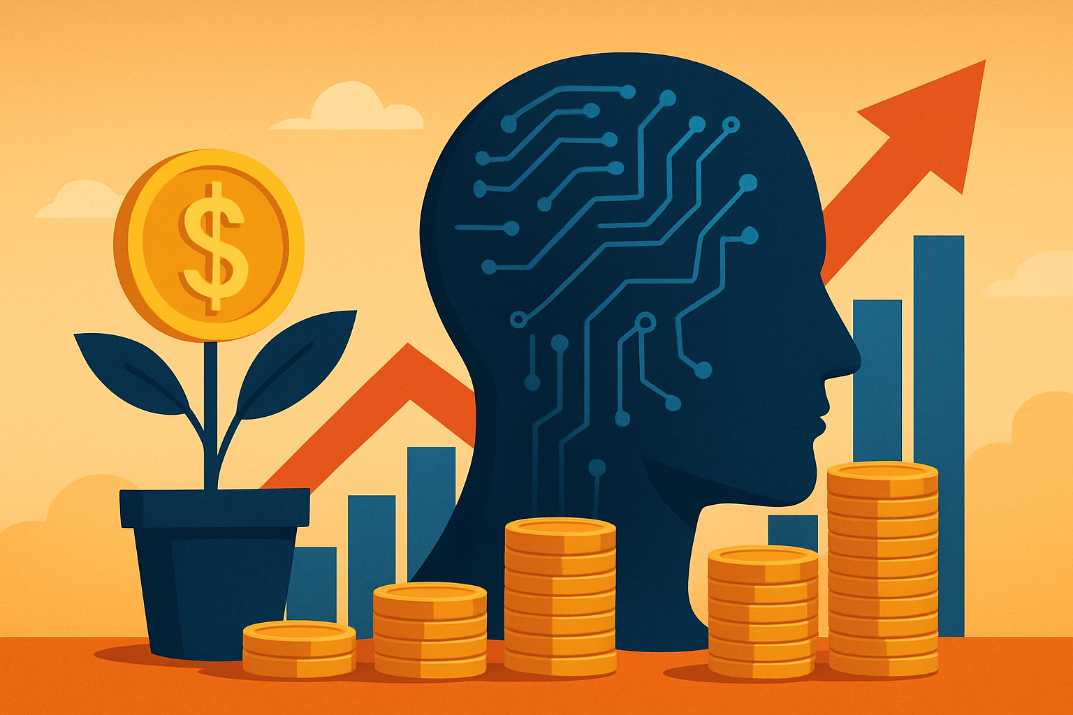 Illustration of a dark blue AI silhouette with circuit patterns, surrounded by gold coins, a dollar coin plant, and an upward financial arrow on an orange background.