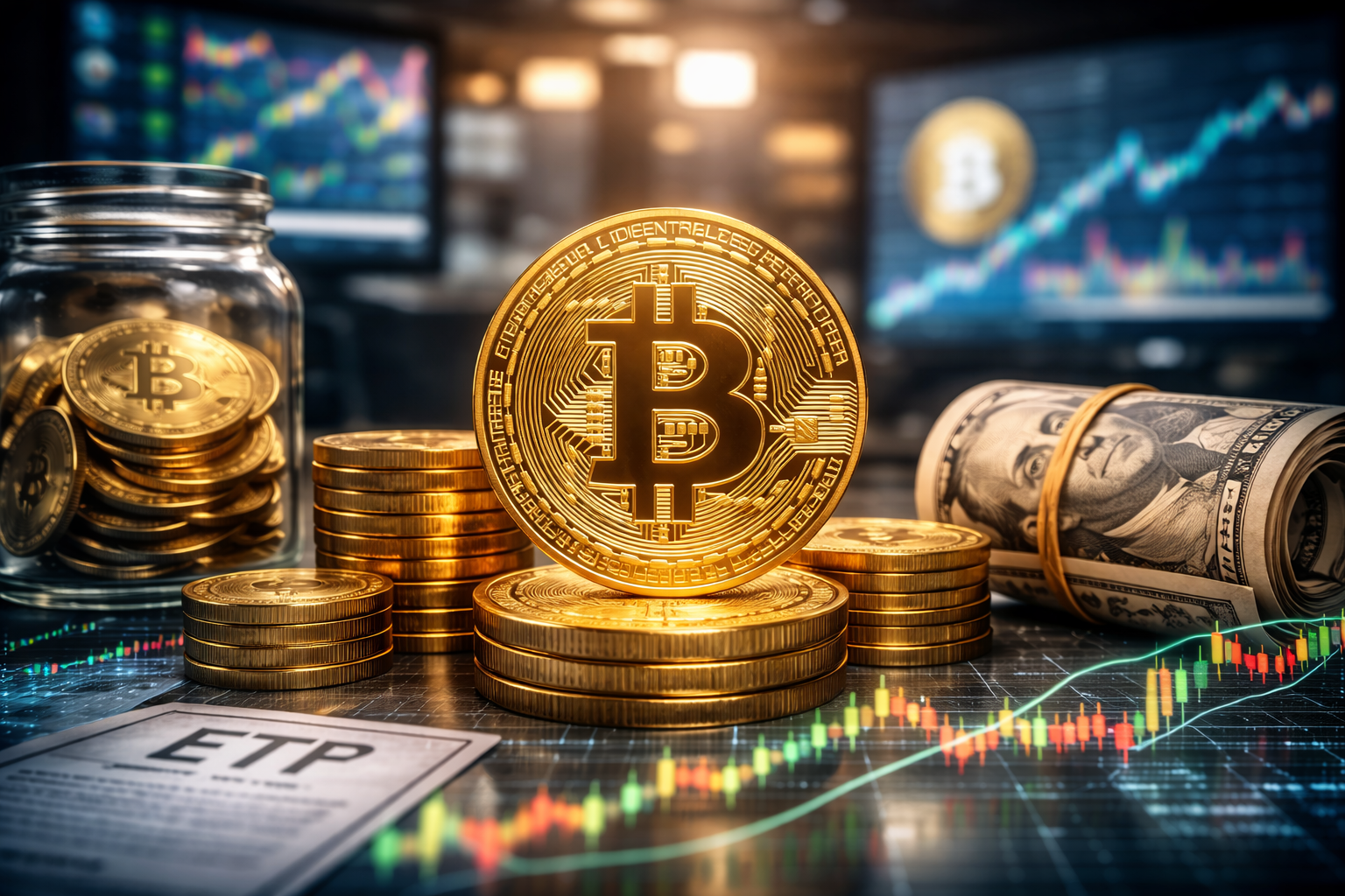 A gold Bitcoin coin stands prominently on a trading desk surrounded by stacked coins, a rolled U.S. dollar bill, and blurred market charts, symbolizing institutional crypto demand amid macro uncertainty.