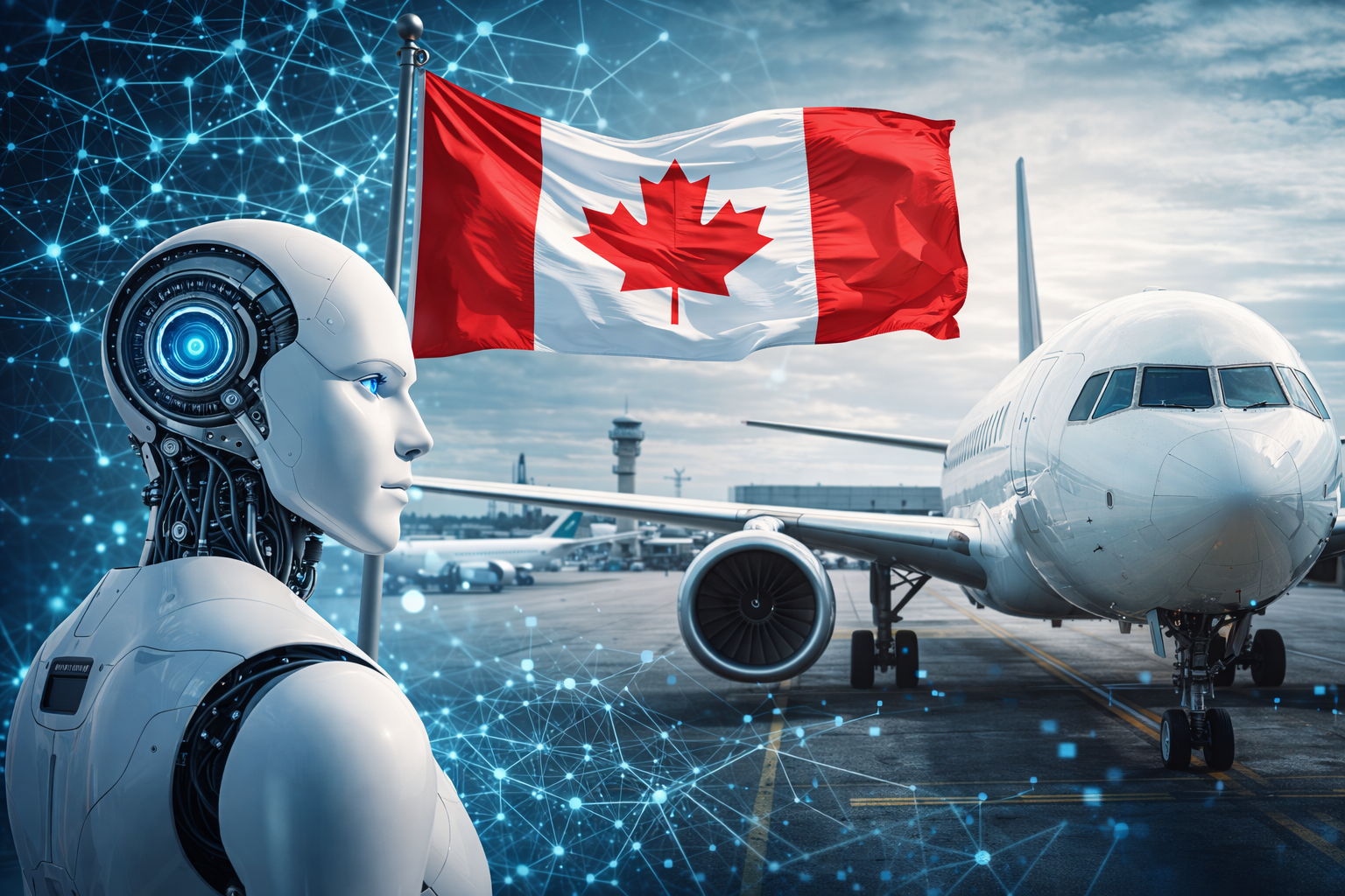 A humanoid robot stands beside a passenger aircraft on an airport tarmac with a Canadian flag in the background, symbolizing Canada’s investment in artificial intelligence and aerospace.