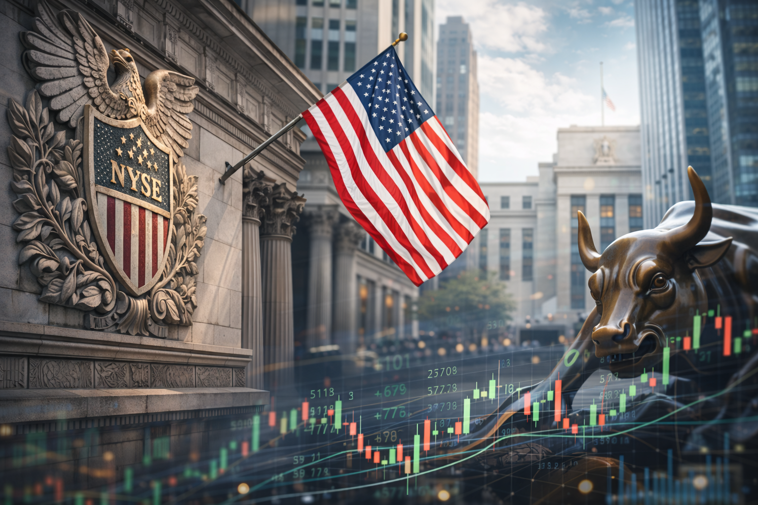 The facade of a major U.S. stock exchange stands beside a bronze bull and an American flag, with market chart visuals layered over the city scene to suggest investor caution near record highs.