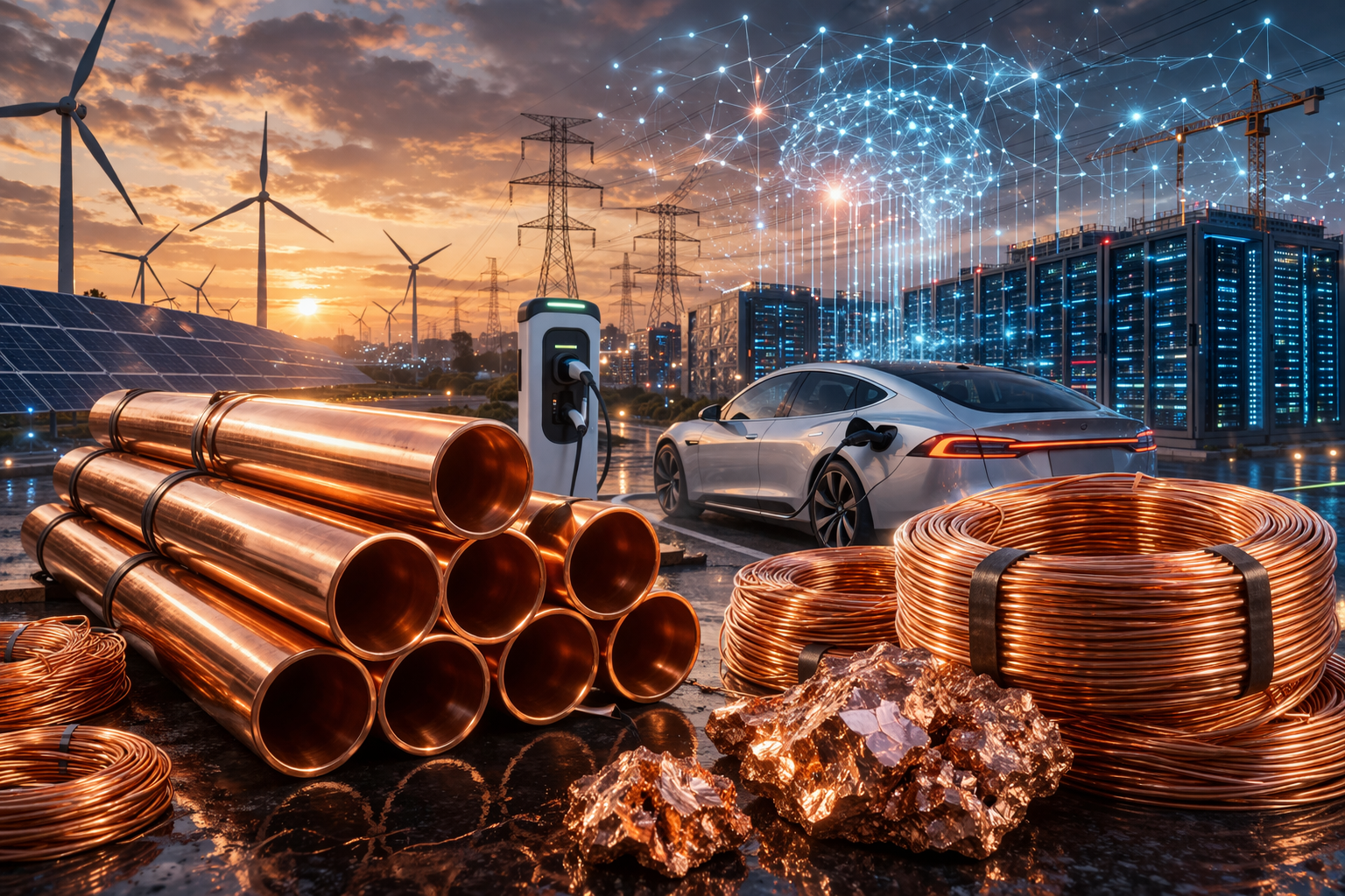 Copper pipes, wire coils, and raw ore sit in the foreground beside an electric vehicle charger, renewable energy infrastructure, and illuminated data centers, symbolizing rising demand from electrification and AI.