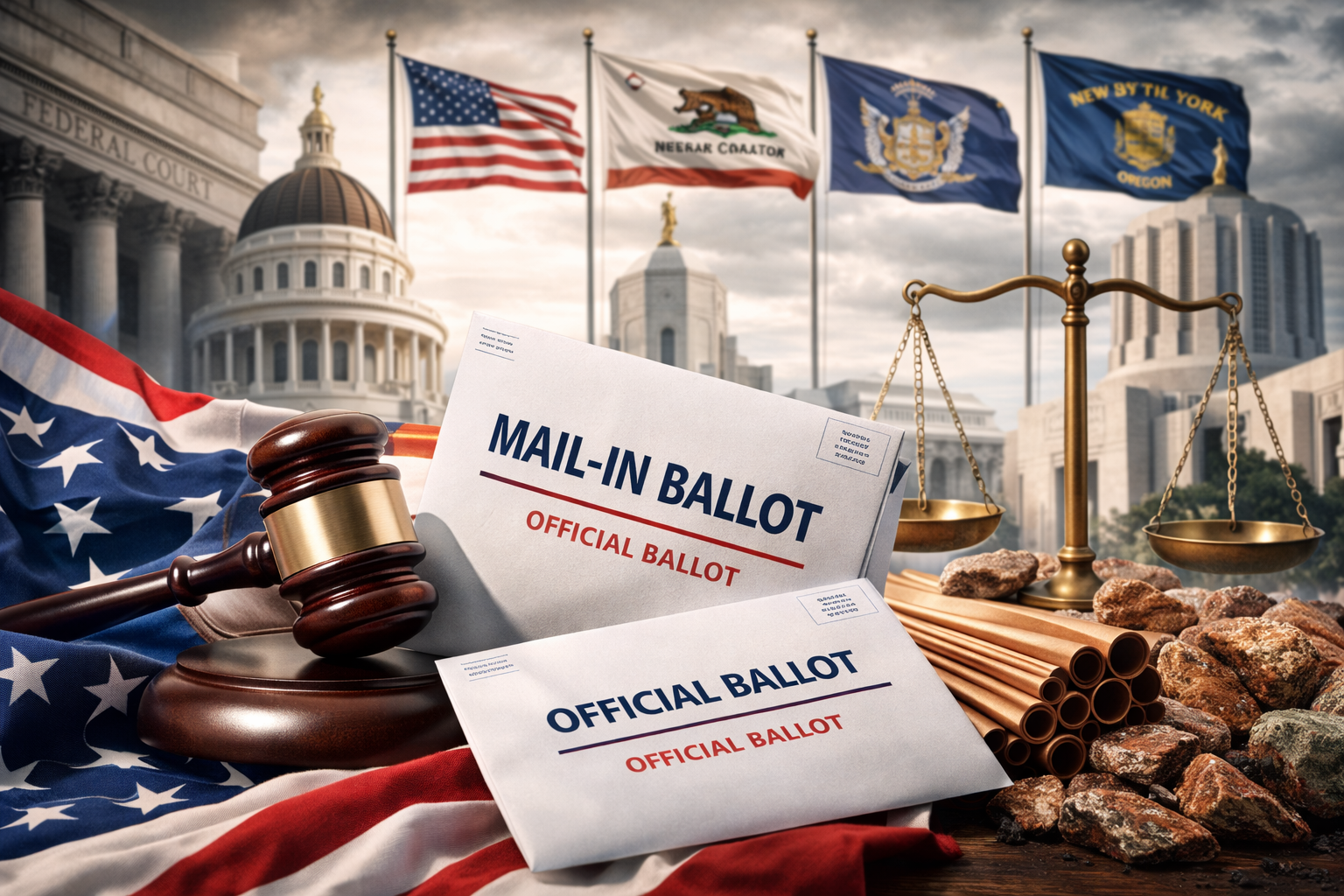 A judge’s gavel and scales of justice sit before U.S. and state flags outside government buildings, symbolizing legal conflict over election policy and state authority.