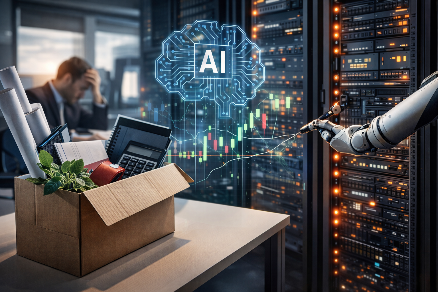 A box of office belongings sits in the foreground of a tech office beside glowing server racks and an automated robotic arm, symbolizing workforce restructuring as companies redirect spending toward AI infrastructure.
