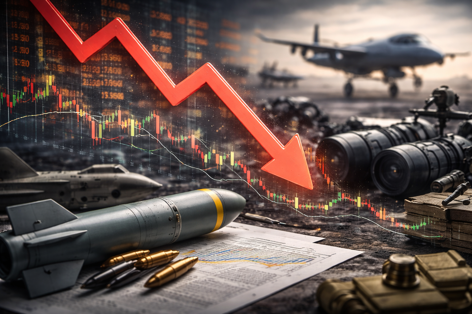 Military aircraft, optics, and defense equipment sit against a dark market backdrop with a descending financial trend, symbolizing weakening investor momentum in defense technology stocks.