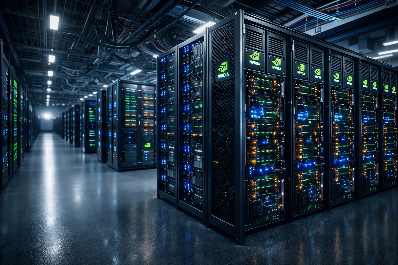 A large modern data center filled with illuminated server racks and high-performance computing systems, conveying the scale and intensity of AI infrastructure demand.