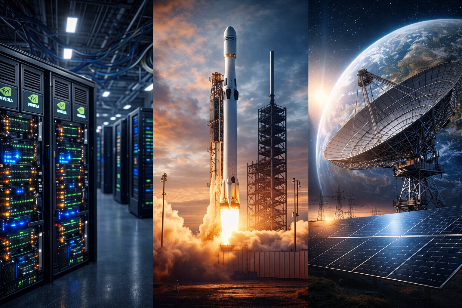 A composite scene showing a modern data center, a rocket launching into space, and satellite and energy infrastructure, symbolizing investment in advanced technologies.
