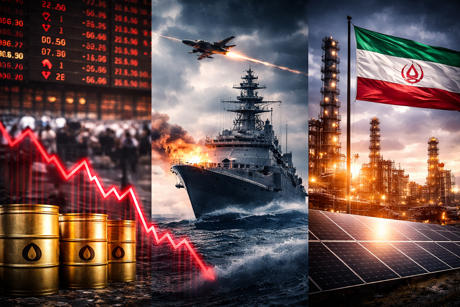 A composite image showing falling market indicators, oil barrels, a military vessel at sea, and an oil refinery beside an Iranian flag, representing investor anxiety over U.S.-Iran tensions.