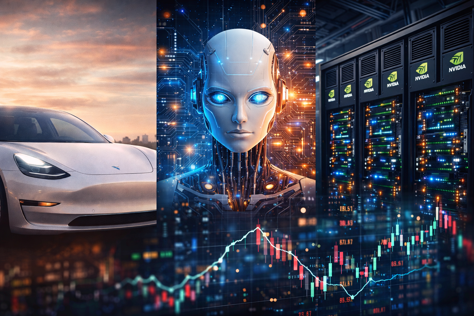 A composite image showing an electric vehicle, a humanoid AI figure, data center server racks, and a rising market chart, symbolizing the influence of Big Tech earnings and artificial intelligence on market direction.