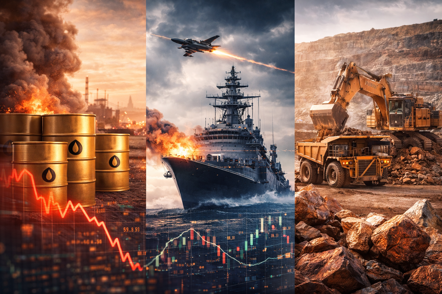 A composite image showing oil barrels near flames, a military vessel and jet in rough seas, and heavy mining equipment in an open-pit mine, symbolizing rising commodity volatility driven by geopolitical tensions.