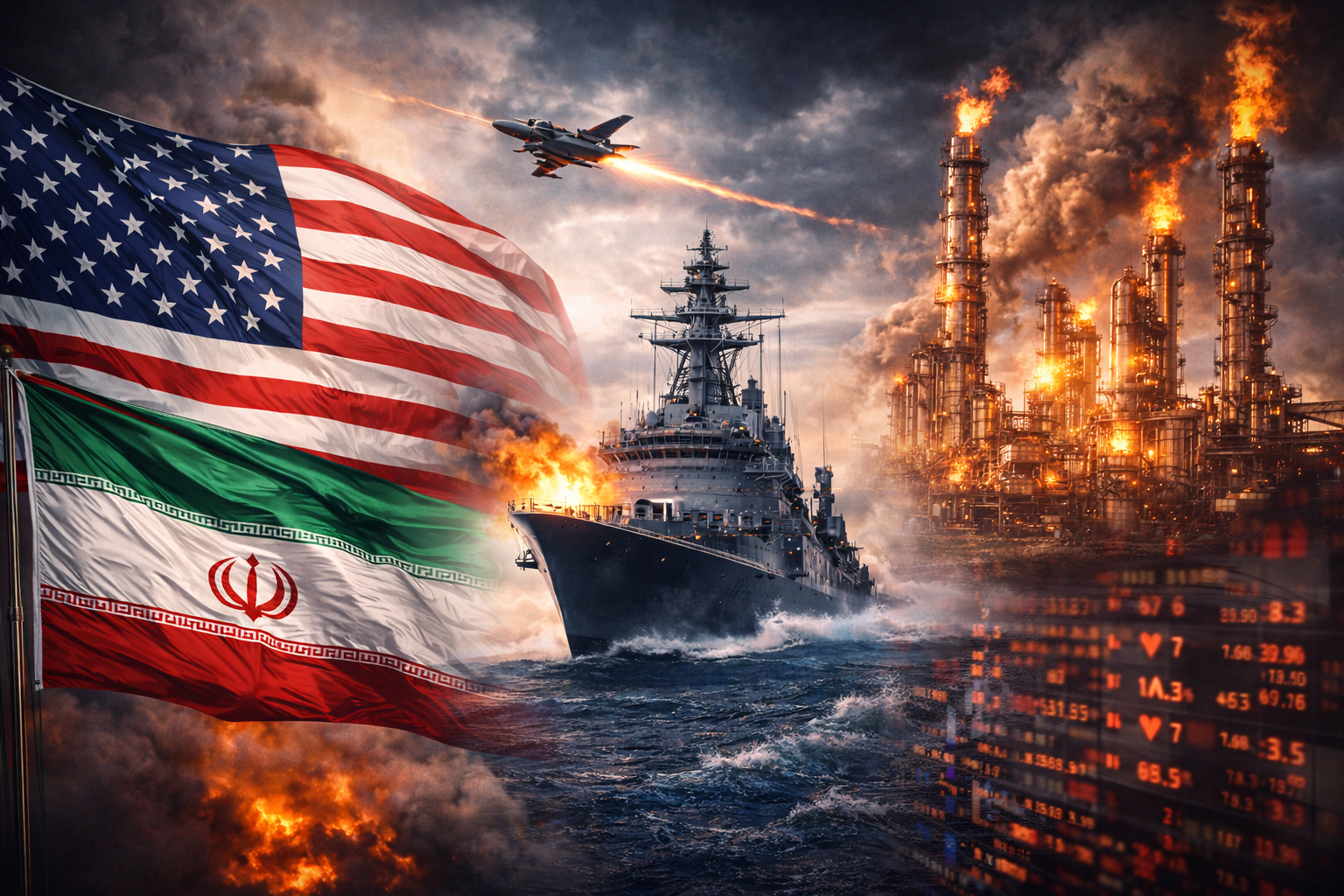 A dramatic composite image showing U.S. and Iranian flags, a naval warship at sea, a military jet overhead, a burning oil refinery, and blurred falling market numbers, symbolizing rising geopolitical tension and market risk.