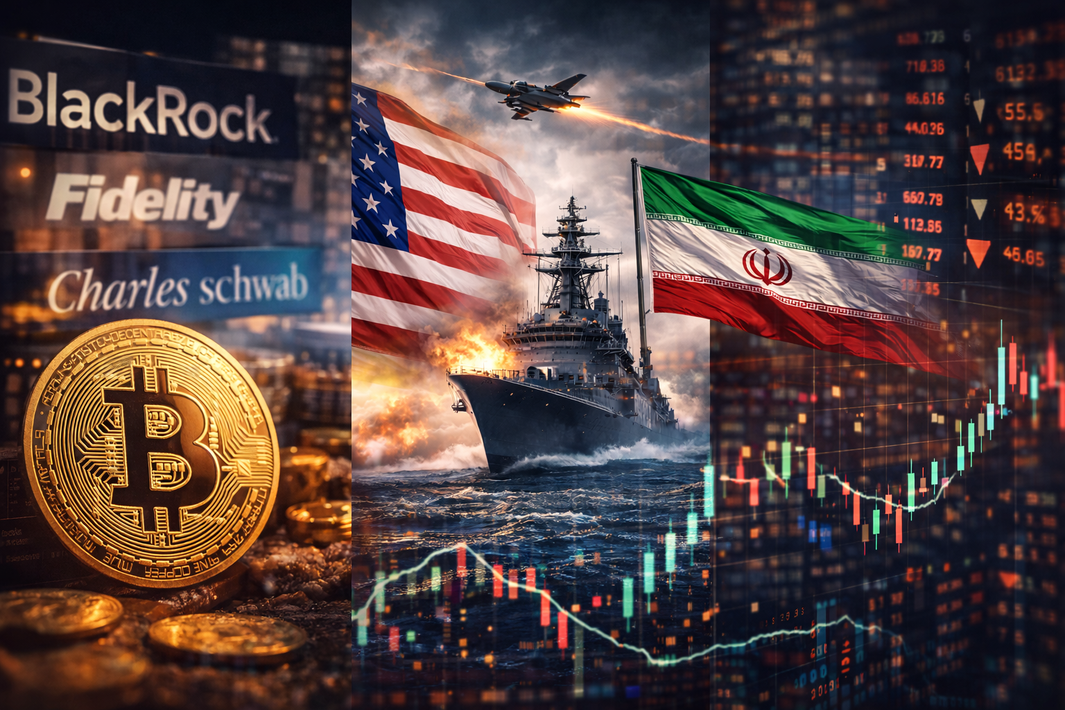A composite image showing a Bitcoin coin, institutional finance branding, U.S. and Iranian flags near a naval vessel, and a volatile market chart, symbolizing crypto’s growing sensitivity to macro events and mainstream financial adoption.