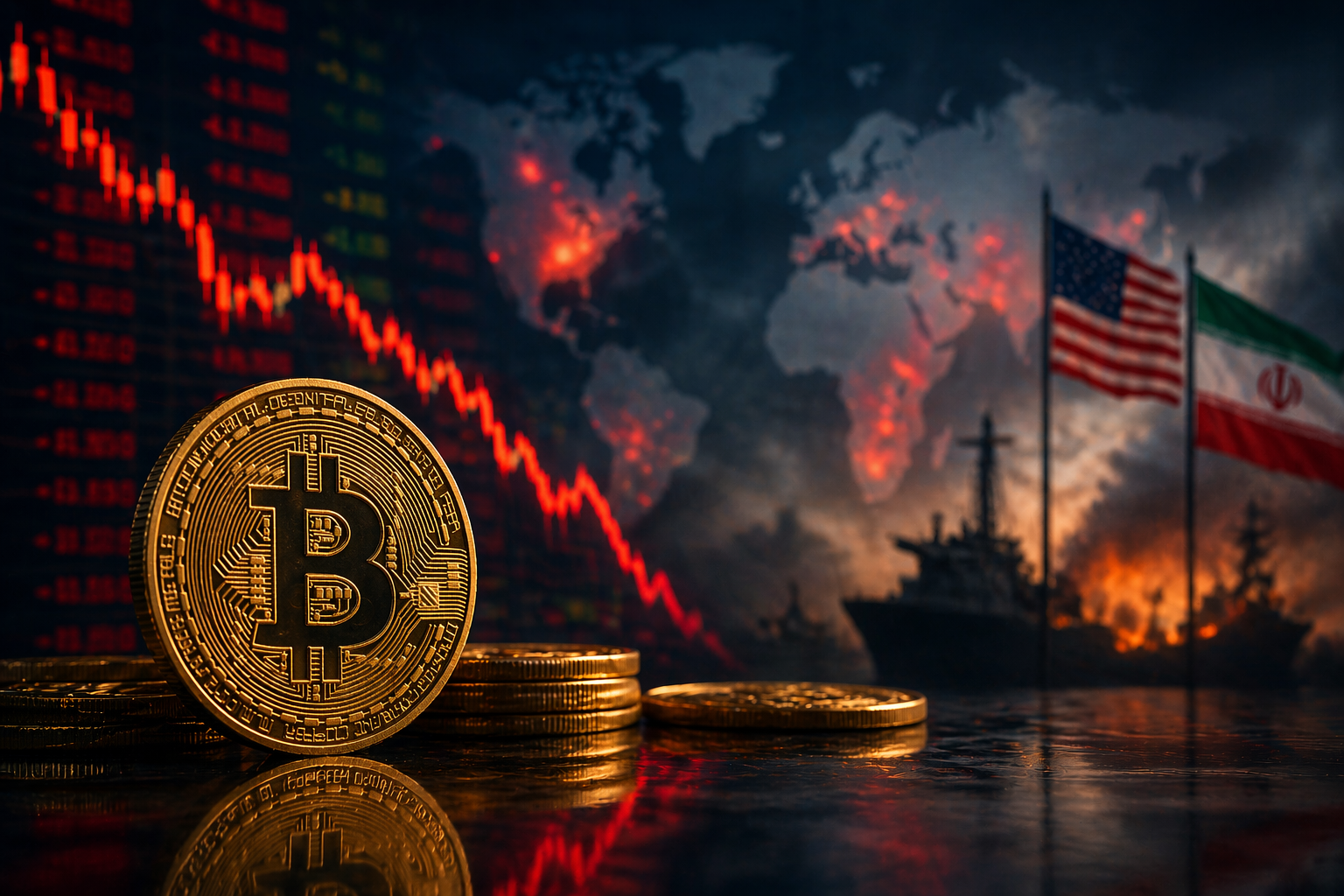A gold Bitcoin coin sits in the foreground as a red downward market chart, a dark world map, and geopolitical symbols blur in the background.