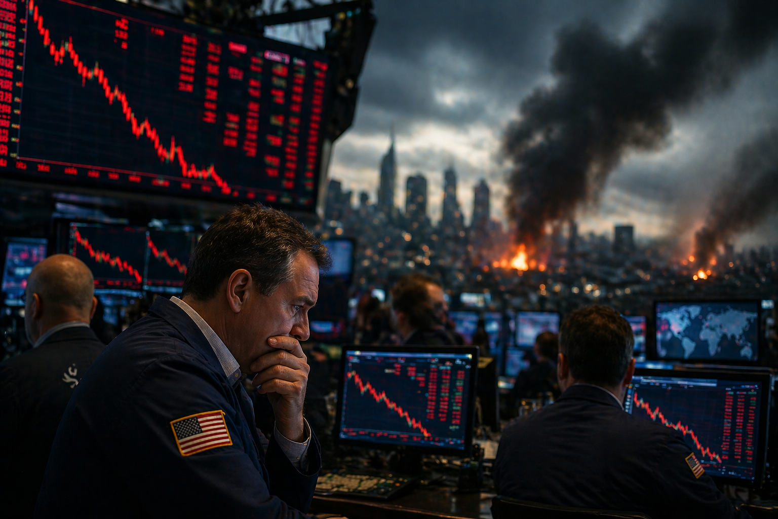 A trader watches falling stock charts on multiple screens as a city skyline in the background shows smoke and fires, symbolizing market stress and global instability.