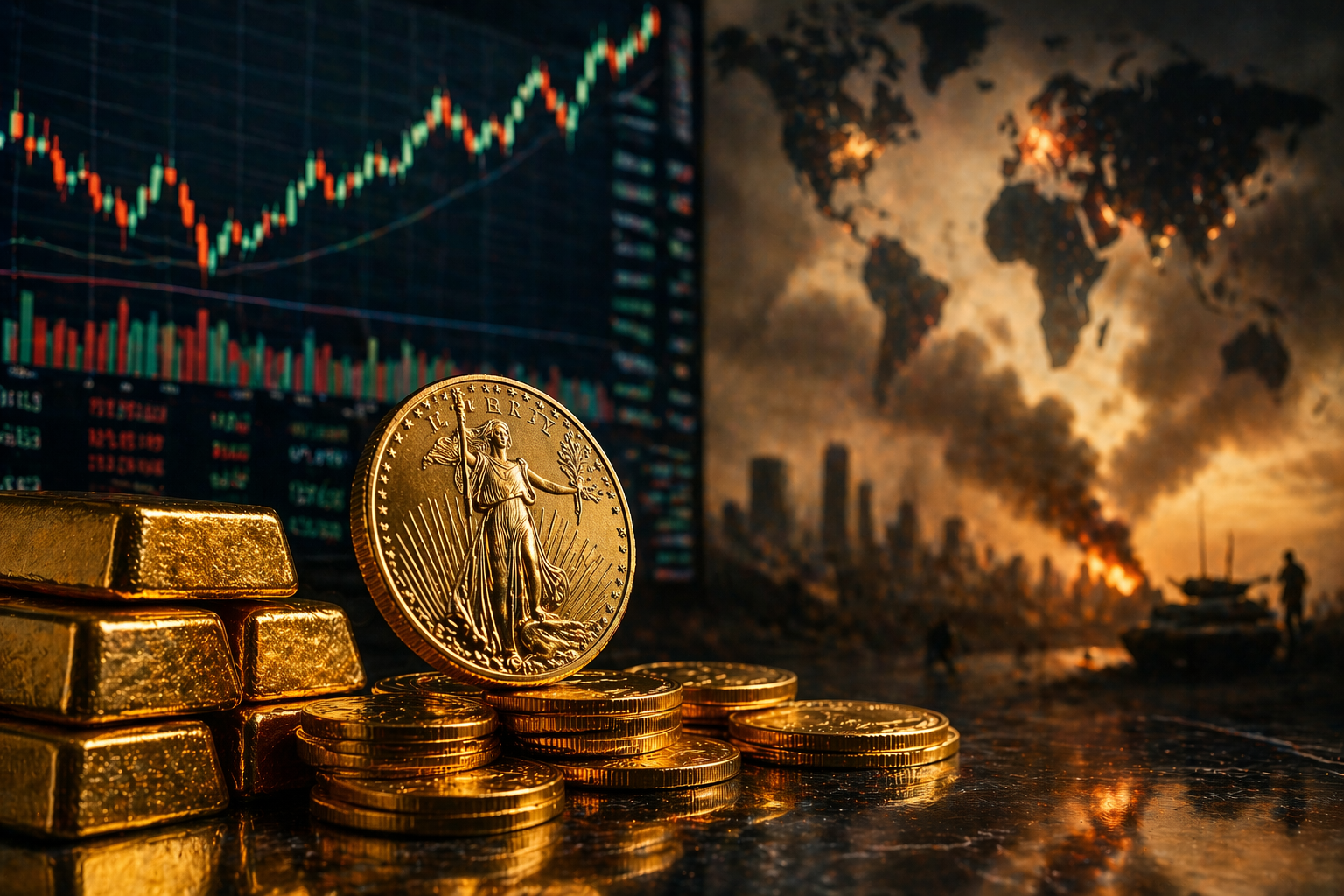 Gold bars and coins sit in sharp focus before market charts and a smoky global backdrop, symbolizing rising safe-haven demand during geopolitical unrest.