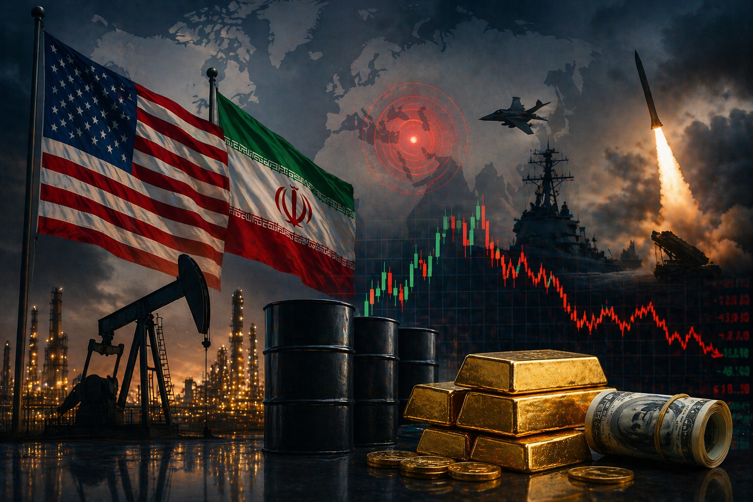 U.S. and Iranian flags stand before oil barrels, gold bars, and a volatile market chart, with military silhouettes and a stormy world backdrop suggesting rising geopolitical risk.