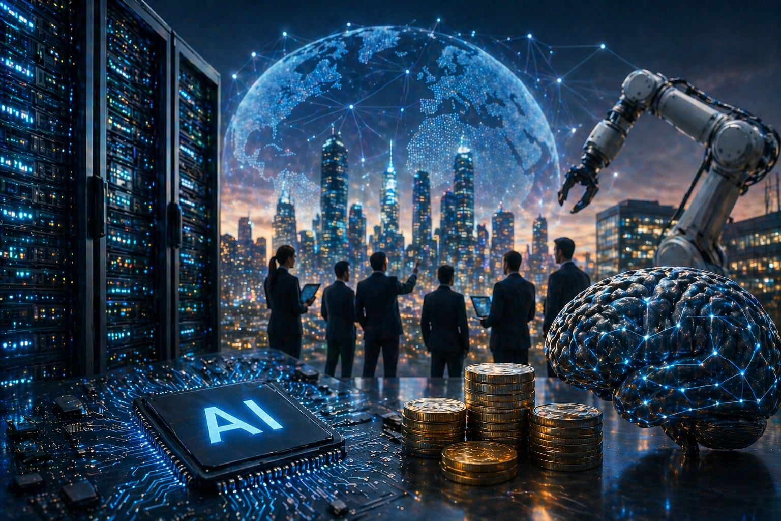 A futuristic scene shows server racks, a robotic arm, an AI chip, stacked coins, and business figures overlooking a connected digital globe above a modern city skyline.