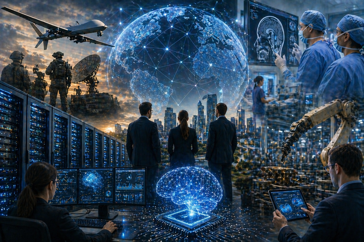 A futuristic composite scene shows data center servers, a glowing digital brain, business leaders, a defense drone, surgeons reviewing medical scans, and robotic factory systems around a connected global network.