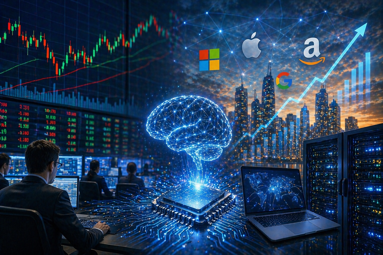 Traders and engineers work beside server racks and market screens as a glowing digital brain rises from a processor, with a modern city skyline and upward financial imagery in the background.
