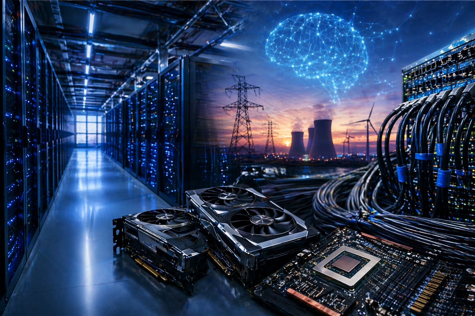 Photorealistic image of a modern data center with server racks, high-performance GPUs and cables in the foreground, with power lines, cooling towers and wind turbines visible in the background.