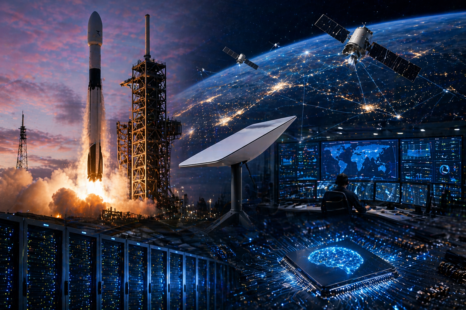 Photorealistic composite image showing a rocket launch, orbiting satellites, a satellite dish, a data operations center and an AI microchip, representing the convergence of space infrastructure and artificial intelligence.