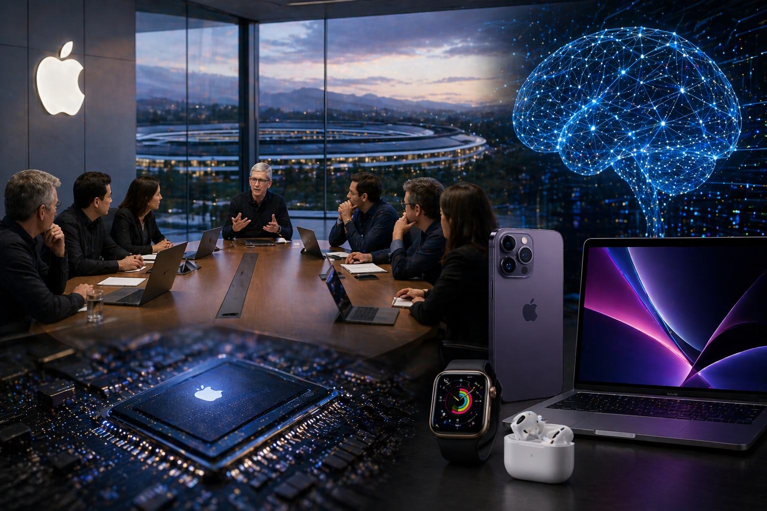 Photorealistic image of executives meeting in a modern glass boardroom with advanced consumer devices, a custom processor chip and a glowing digital brain motif, symbolizing Apple’s push to integrate artificial intelligence across its ecosystem.