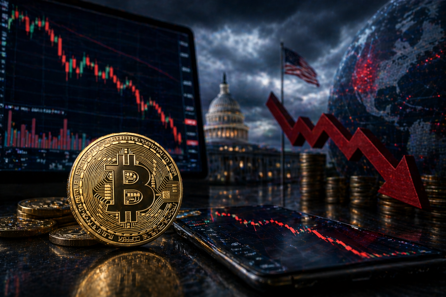 Photorealistic image of a gold Bitcoin coin in the foreground with falling market charts, a red downward arrow and dark storm clouds, symbolizing crypto weakness amid broader macro stress.