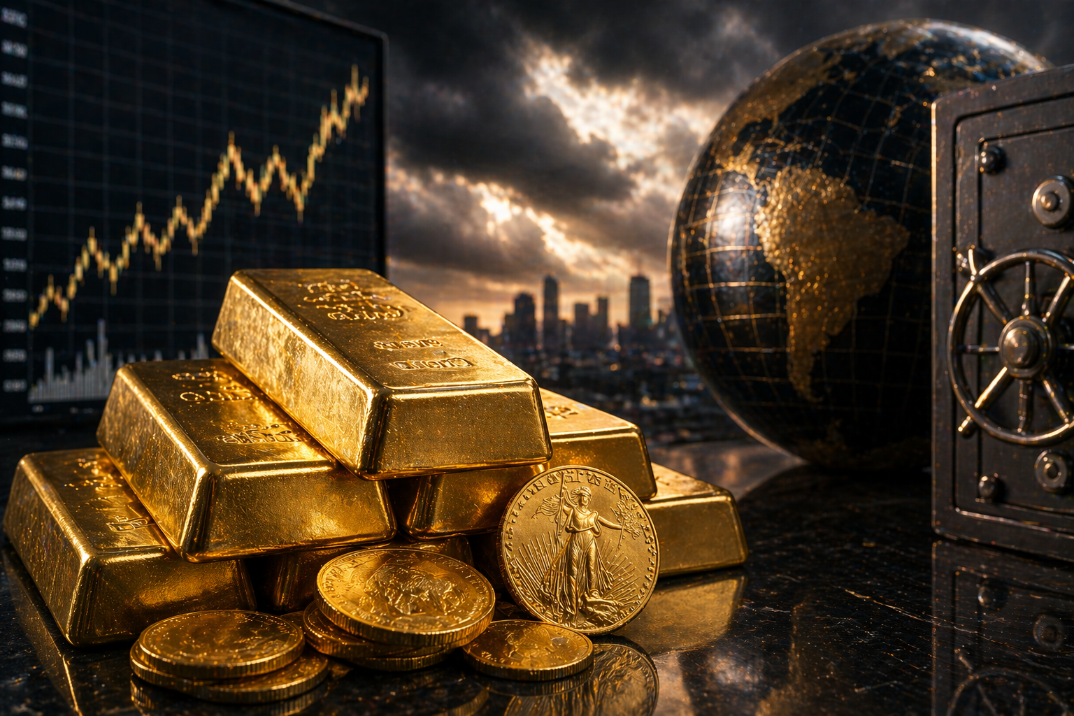 Photorealistic image of stacked gold bars and coins on a reflective surface, with a rising market chart, dark storm clouds, a globe and a vault door in the background, symbolizing safe-haven demand during market uncertainty.