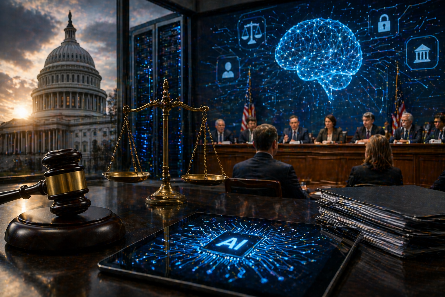 Photorealistic image of a formal government hearing room with lawmakers, a judge’s gavel, scales of justice, the U.S. Capitol and glowing artificial intelligence visuals, representing rising policy scrutiny of the AI industry.
