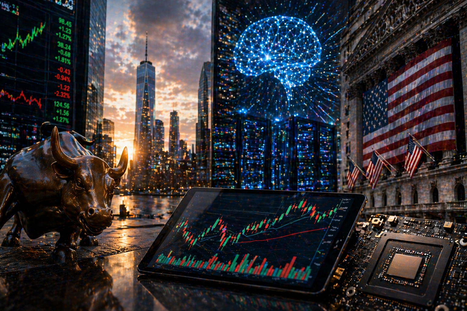 Photorealistic financial scene showing a calm U.S. stock market trading floor with glowing technology displays and a small group of dominant AI-linked stocks driving upward momentum, while stormy geopolitical imagery lingers in the background.