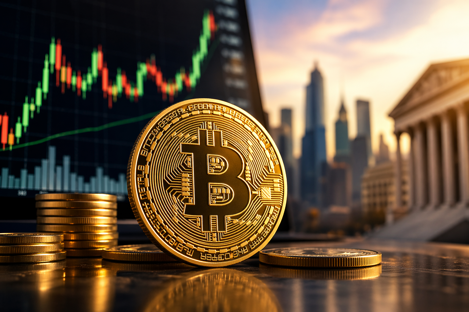 Photorealistic close-up of a gold Bitcoin coin on a reflective surface, with stacks of coins, a rising market chart, and blurred city and financial-building backdrop at sunset.