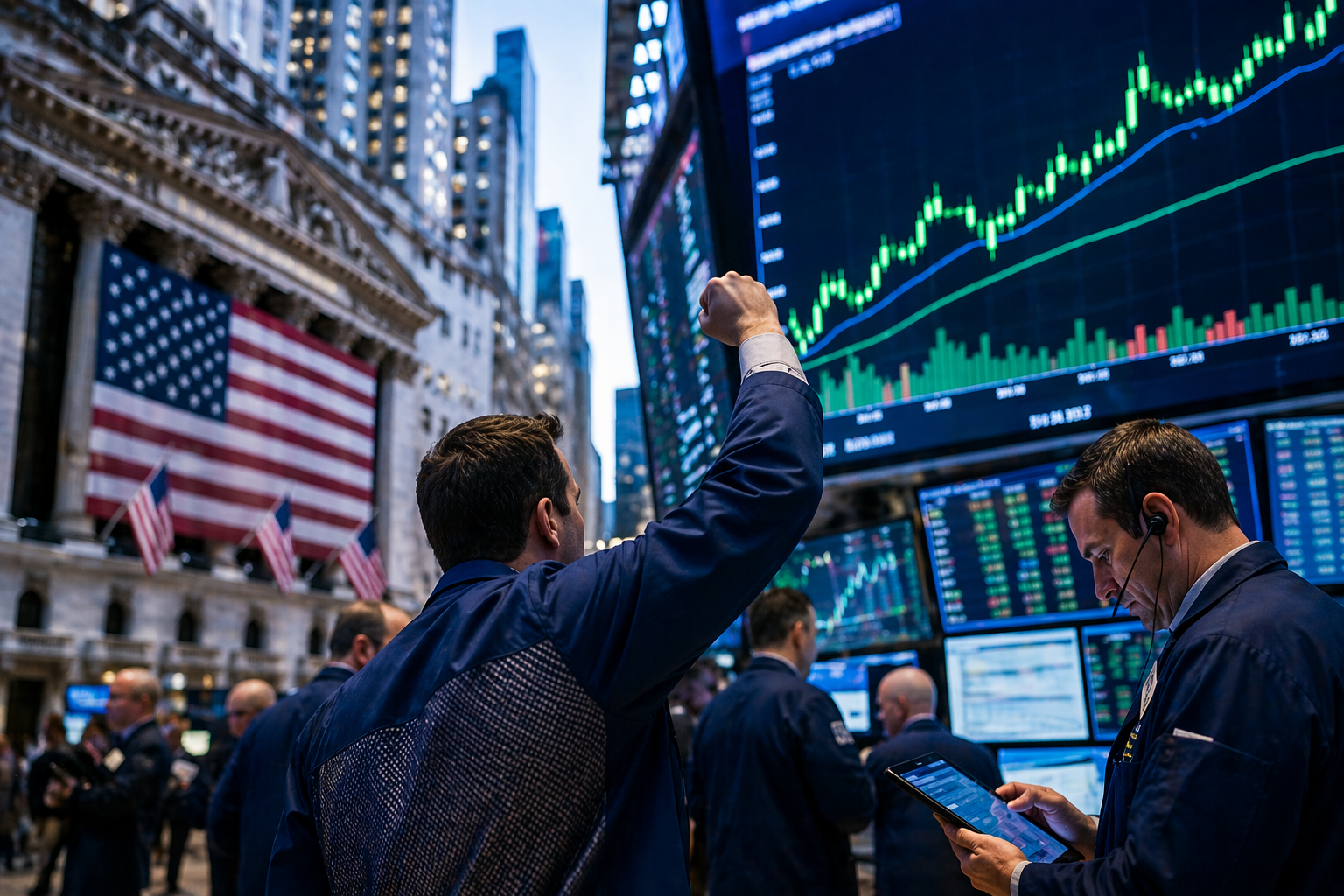 Photorealistic scene of traders on a U.S. exchange floor beneath large screens showing rising stock charts, with Wall Street architecture and American flags in the background.
