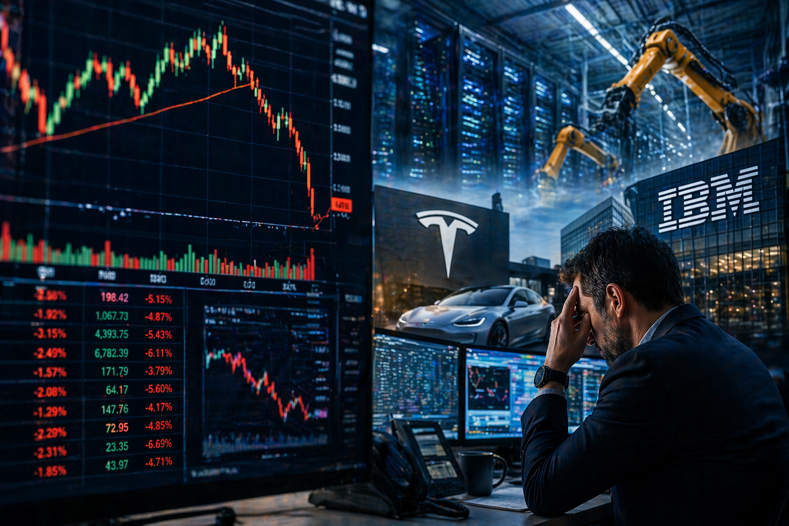 Photorealistic image of a stressed trader at a desk facing large monitors with volatile red and green market charts, set against a backdrop of server racks, industrial robotics, and corporate office buildings.