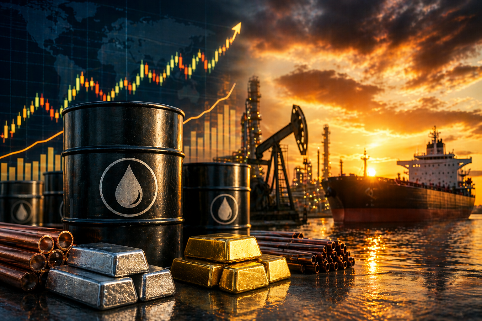Photorealistic image of oil barrels, gold and silver bars, and copper pipes in the foreground, with an offshore tanker, refinery structures, and an oil pump silhouetted against a dramatic sunset and rising market graphic.