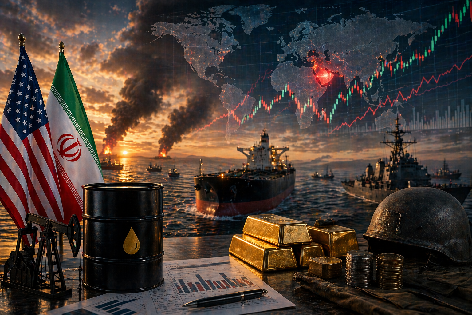 Photorealistic geopolitical market scene showing U.S. and Iranian flags near an oil barrel, gold bars, coins, and military gear in the foreground, with tanker and naval ships at sea, smoke on the horizon, and a glowing world map with volatile market lines overhead.