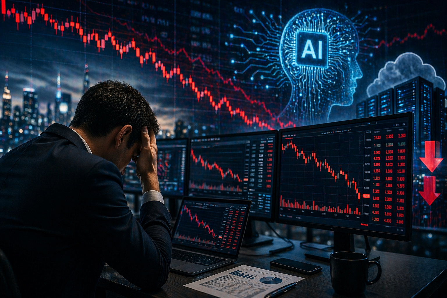 Photorealistic image of a stressed investor at a desk surrounded by multiple monitors showing falling red market charts, with a city skyline and artificial intelligence-themed digital graphics in the background.