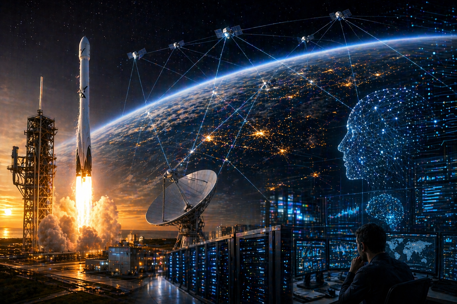 Photorealistic image of a rocket launching beside a ground station and data center, with satellites linked across Earth’s horizon and a glowing digital human profile suggesting artificial intelligence and global connectivity.
