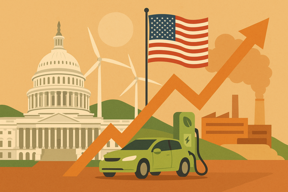 A symbolic illustration representing the U.S. Capitol building with elements of climate change initiatives such as wind turbines, electric vehicles, and an upward trend graph.