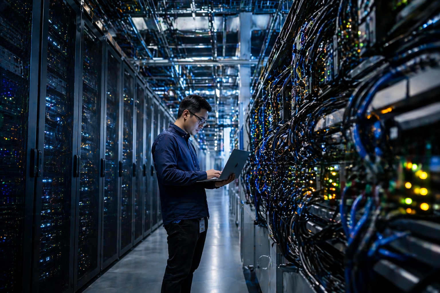 Technician using a laptop inside a glowing data center filled with server racks and dense network cables.
