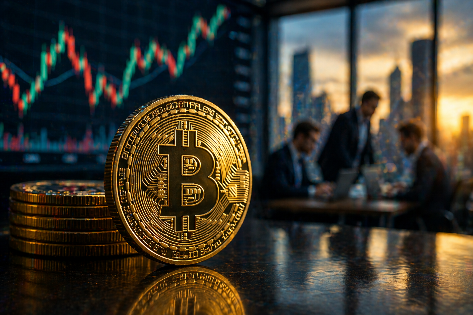 Gold Bitcoin coin in focus with blurred traders and market charts in a modern office background.