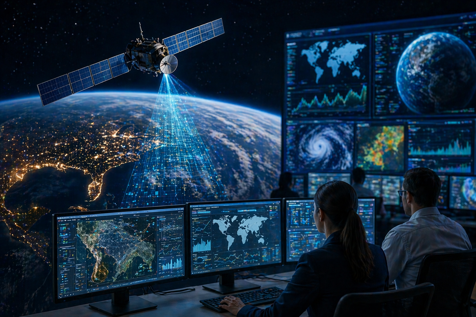Satellite scanning Earth while analysts monitor geospatial data inside a high-tech control room.