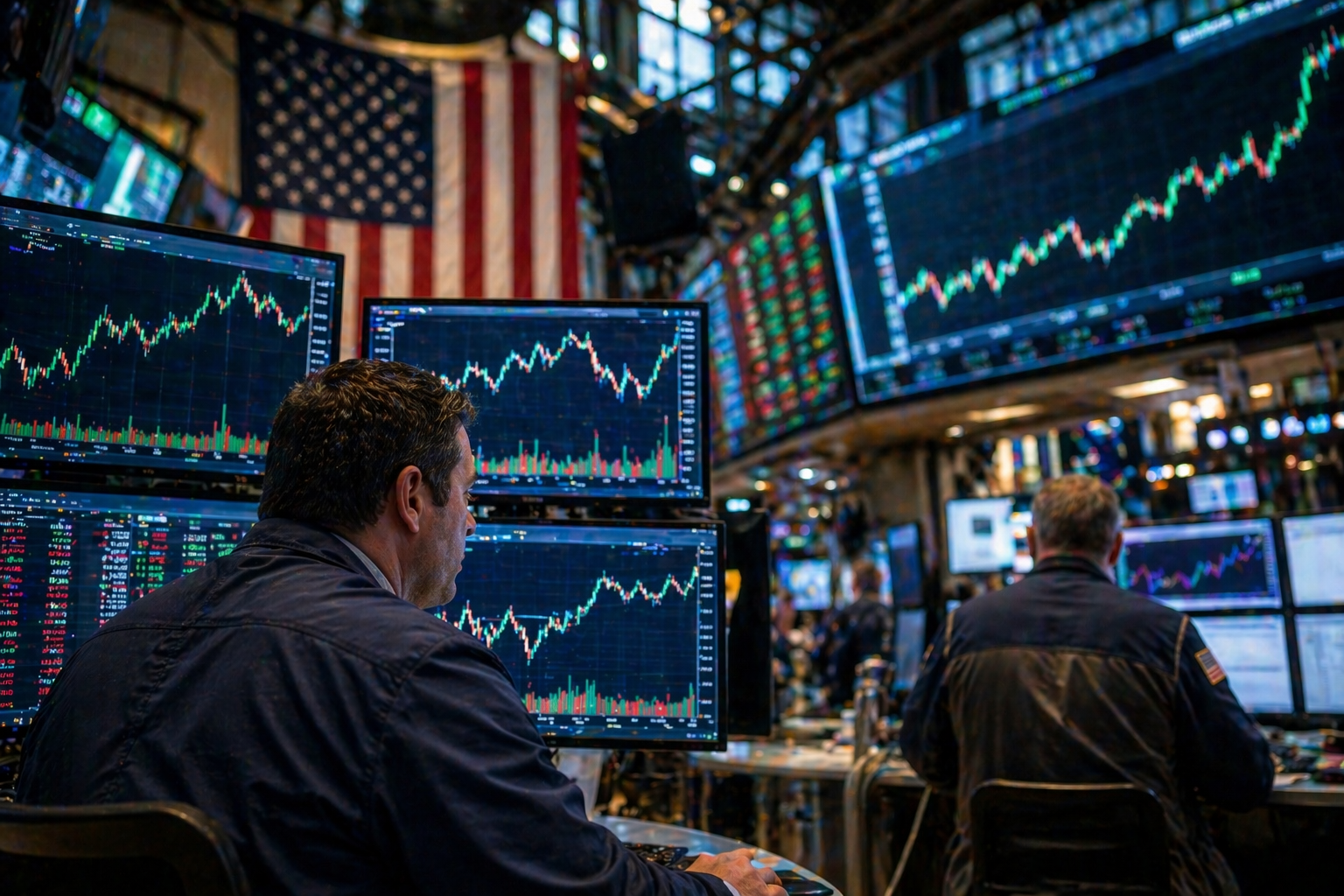 Traders monitor rising market charts on screens inside a busy U.S. trading floor.