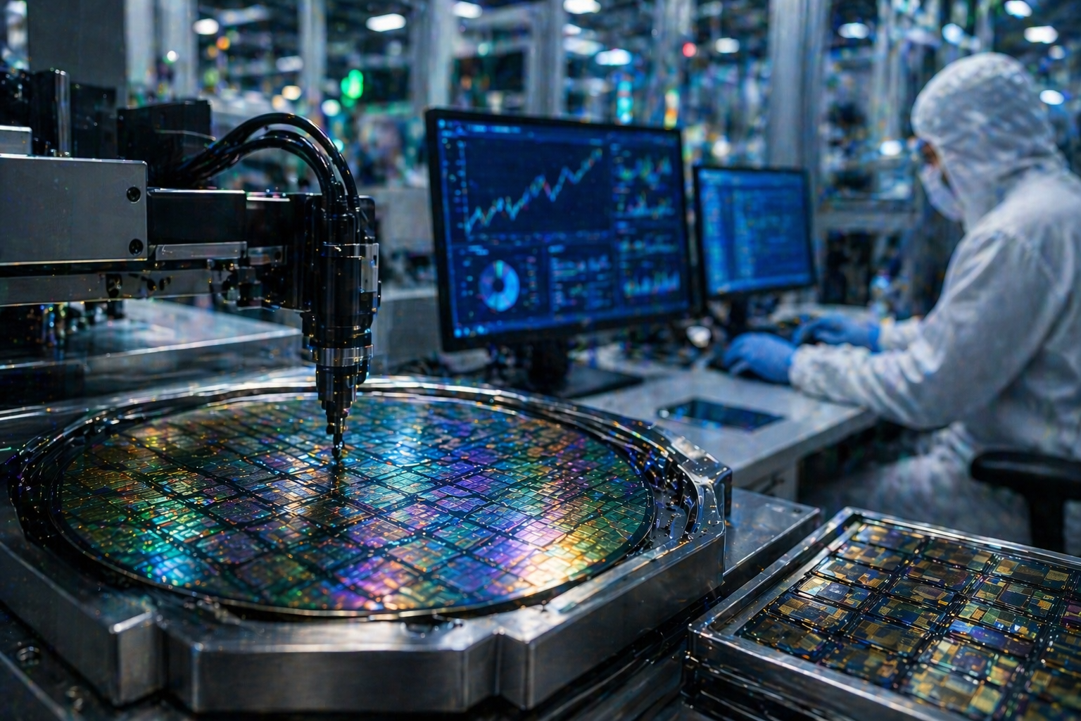 Silicon wafer being inspected by robotic equipment inside a semiconductor cleanroom.