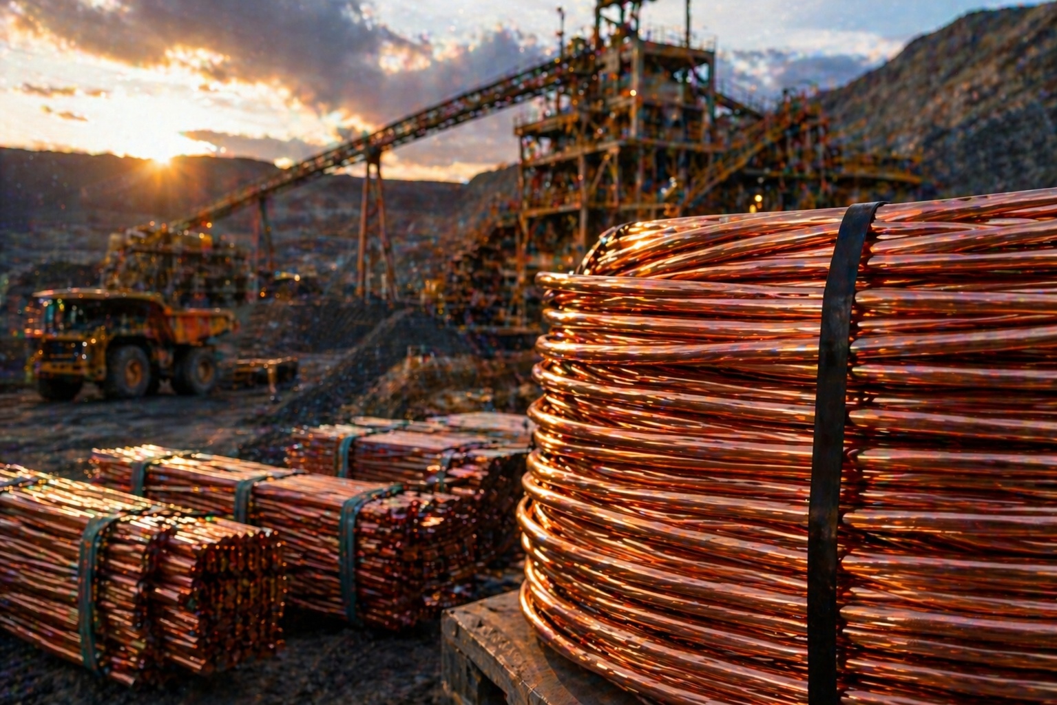 Coils and bundles of copper wire at an industrial mining site during sunset.
