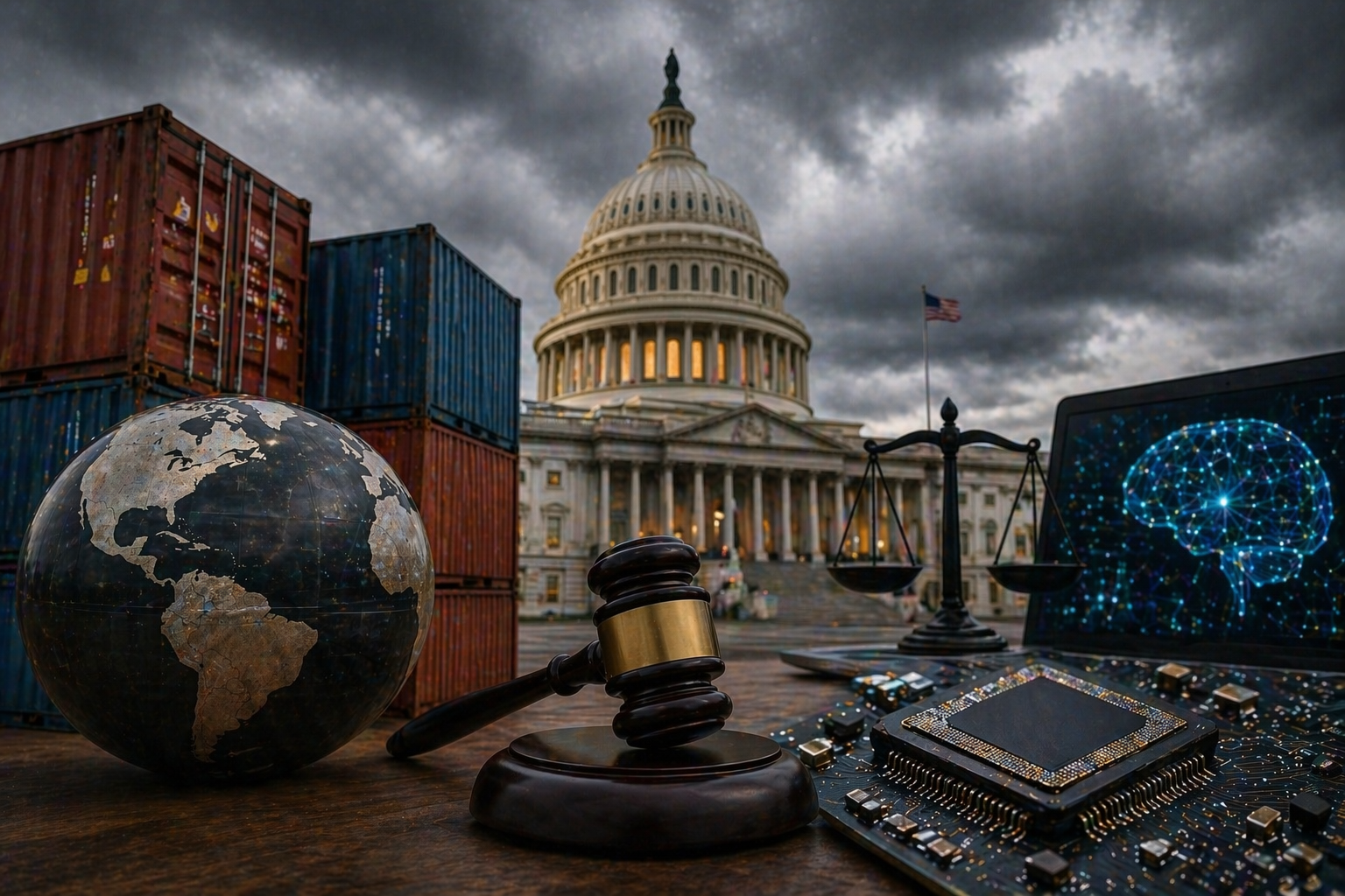 U.S. Capitol behind shipping containers, legal scales, a gavel, globe, and microchip under storm clouds.