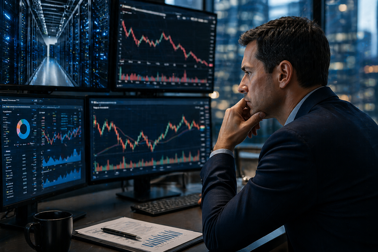 Investor analyzing market charts and data center imagery on multiple screens.