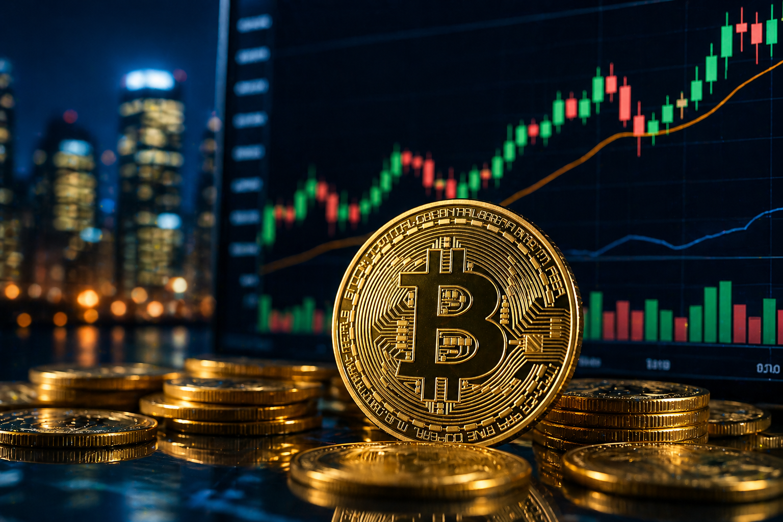 Gold Bitcoin coin in front of market charts and a city skyline.