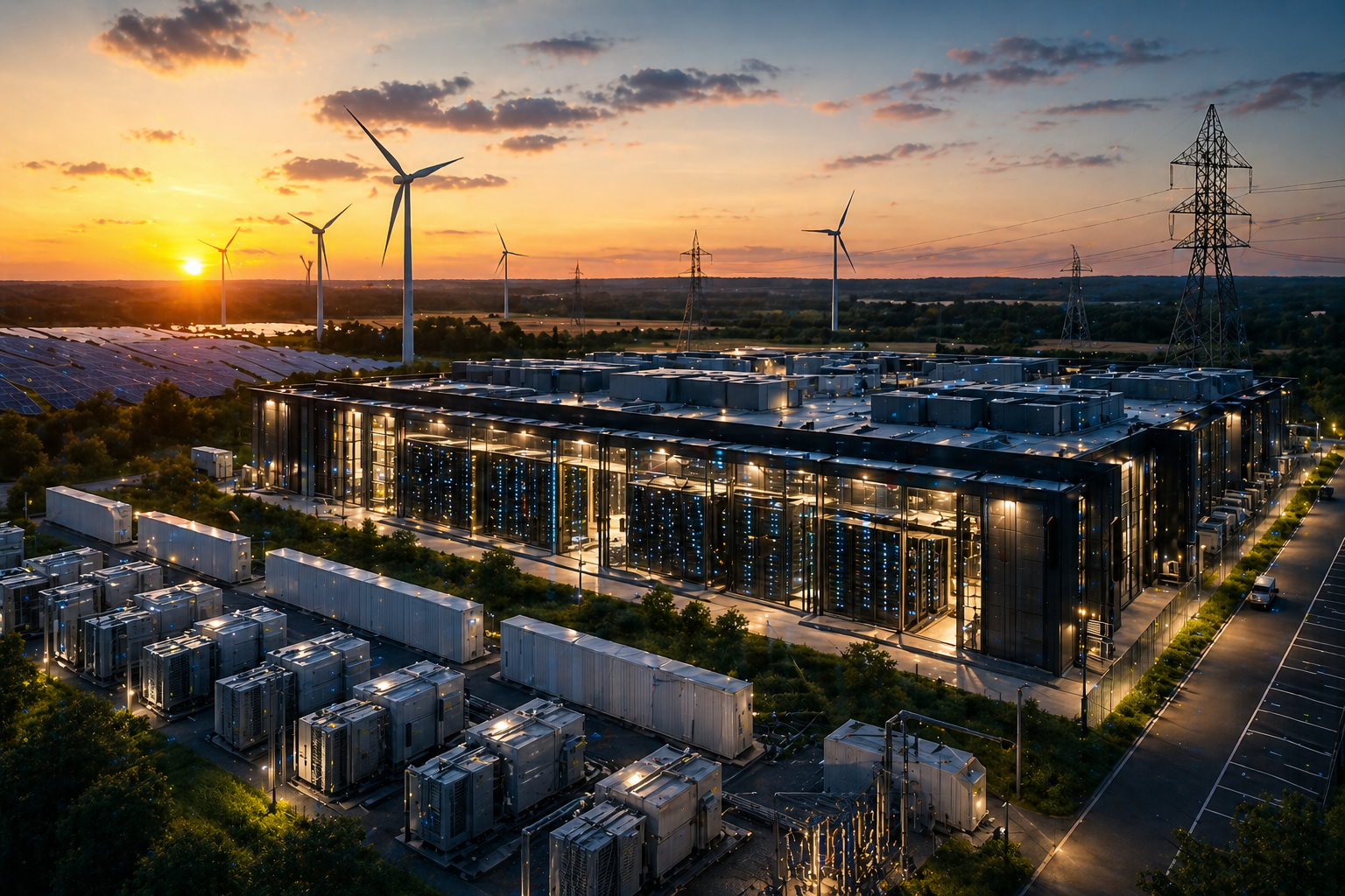 Data center campus beside solar panels, wind turbines, and power lines.