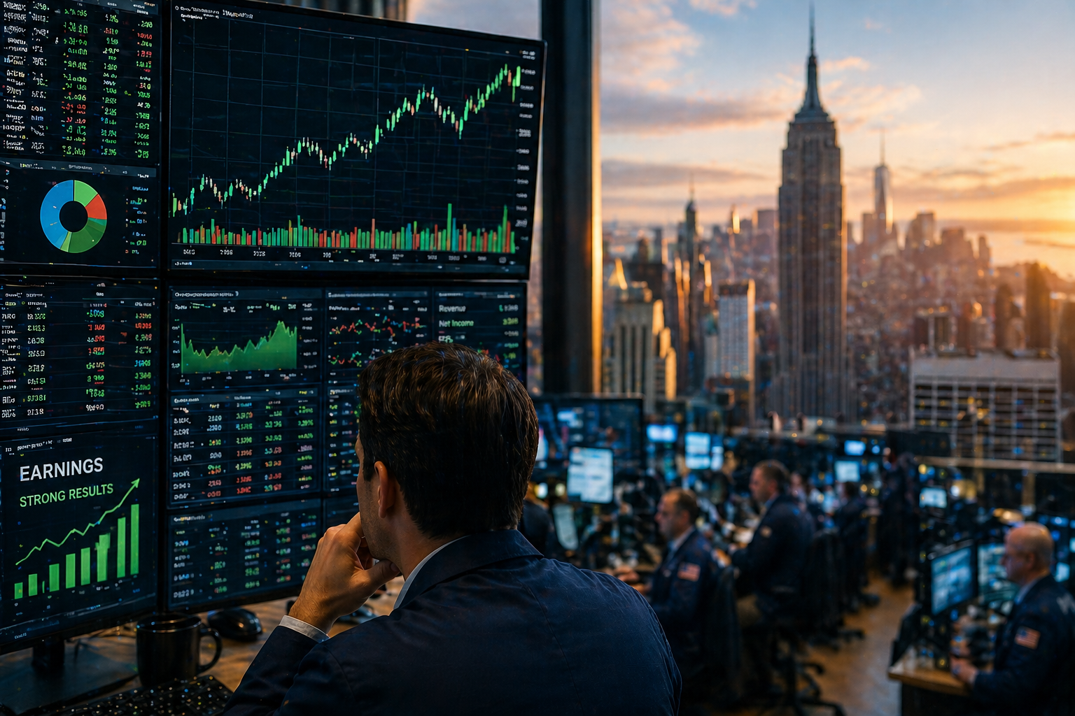 Trader watching rising market charts in a busy financial trading room.
